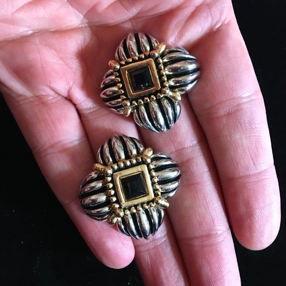 Lagos, Yurman, Design, Style Jewelry - Vintage Retro 80's Designer Clip-On Earrings Silver Gold Gemstone Women's Chunky
